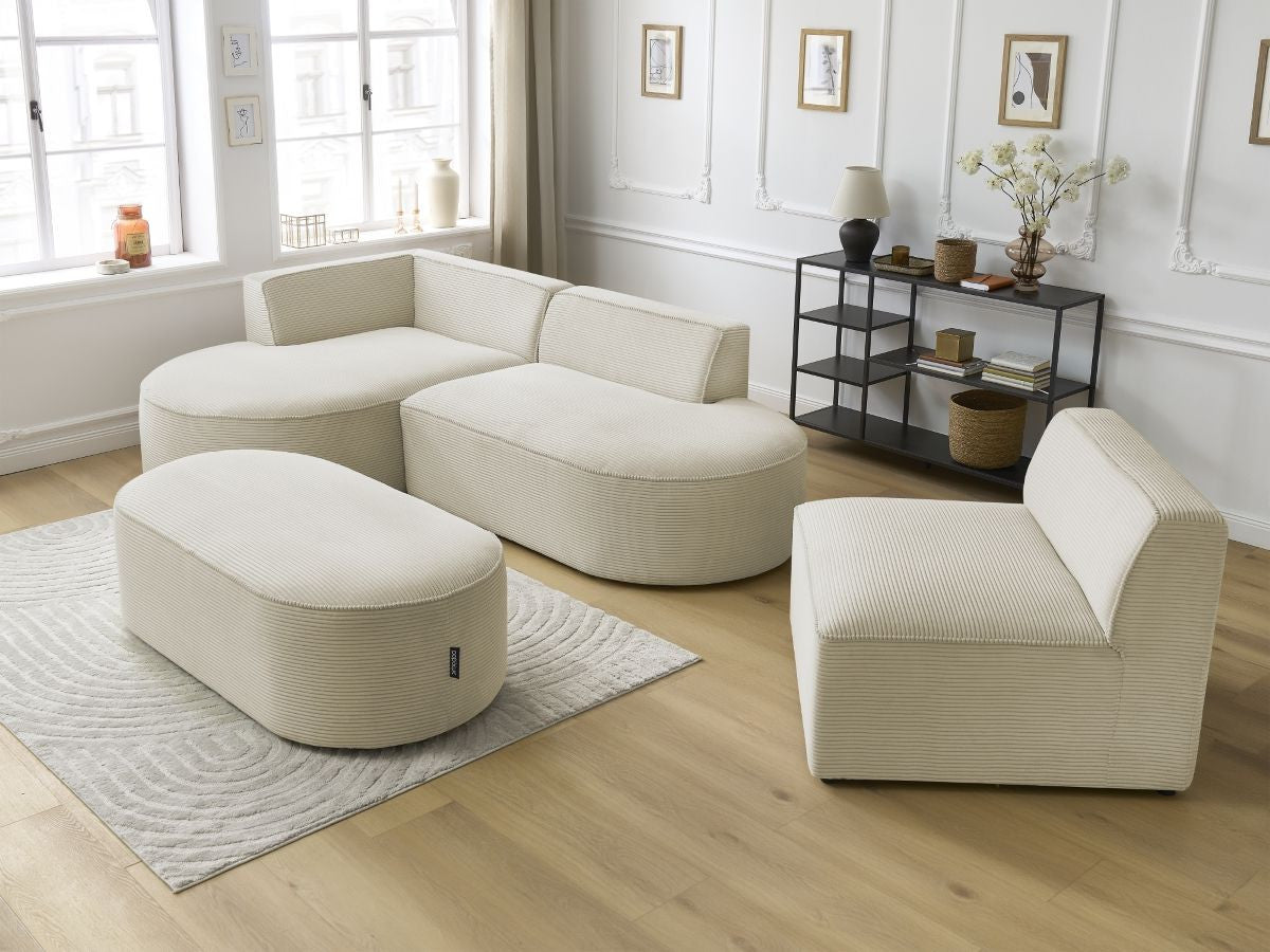 Vaste hoekbank ROUSSEAU in ribfluweel met 1 chaise longue en 1 poef