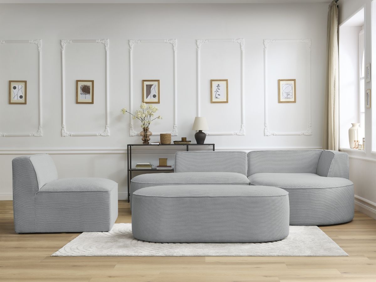 Vaste hoekbank ROUSSEAU in ribfluweel met 1 chaise longue en 1 poef