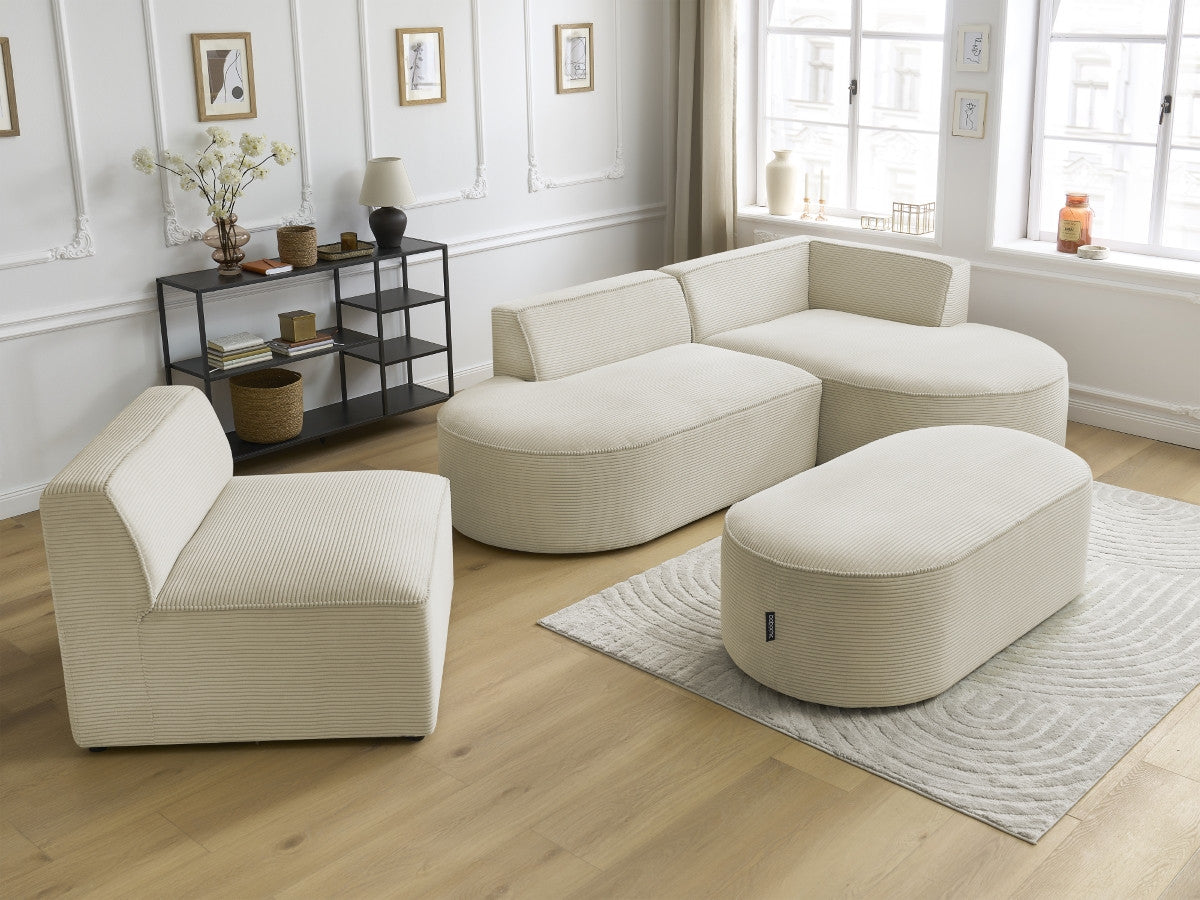 Vaste hoekbank ROUSSEAU in ribfluweel met 1 chaise longue en 1 poef
