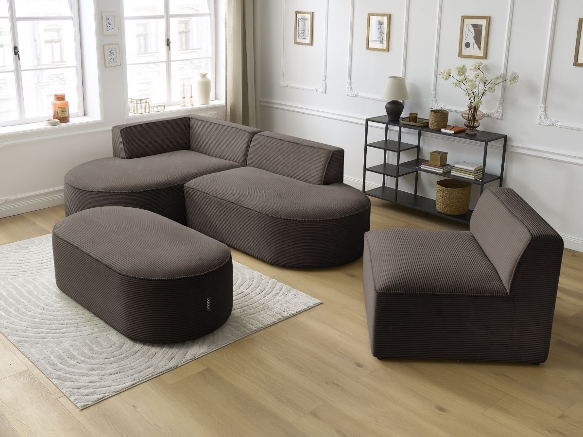 Vaste hoekbank ROUSSEAU in ribfluweel met 1 chaise longue en 1 poef