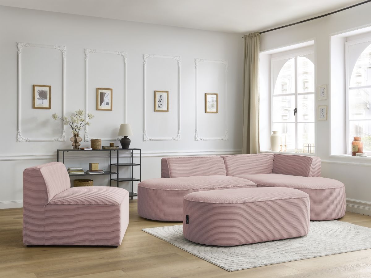 Vaste hoekbank ROUSSEAU in ribfluweel met 1 chaise longue en 1 poef