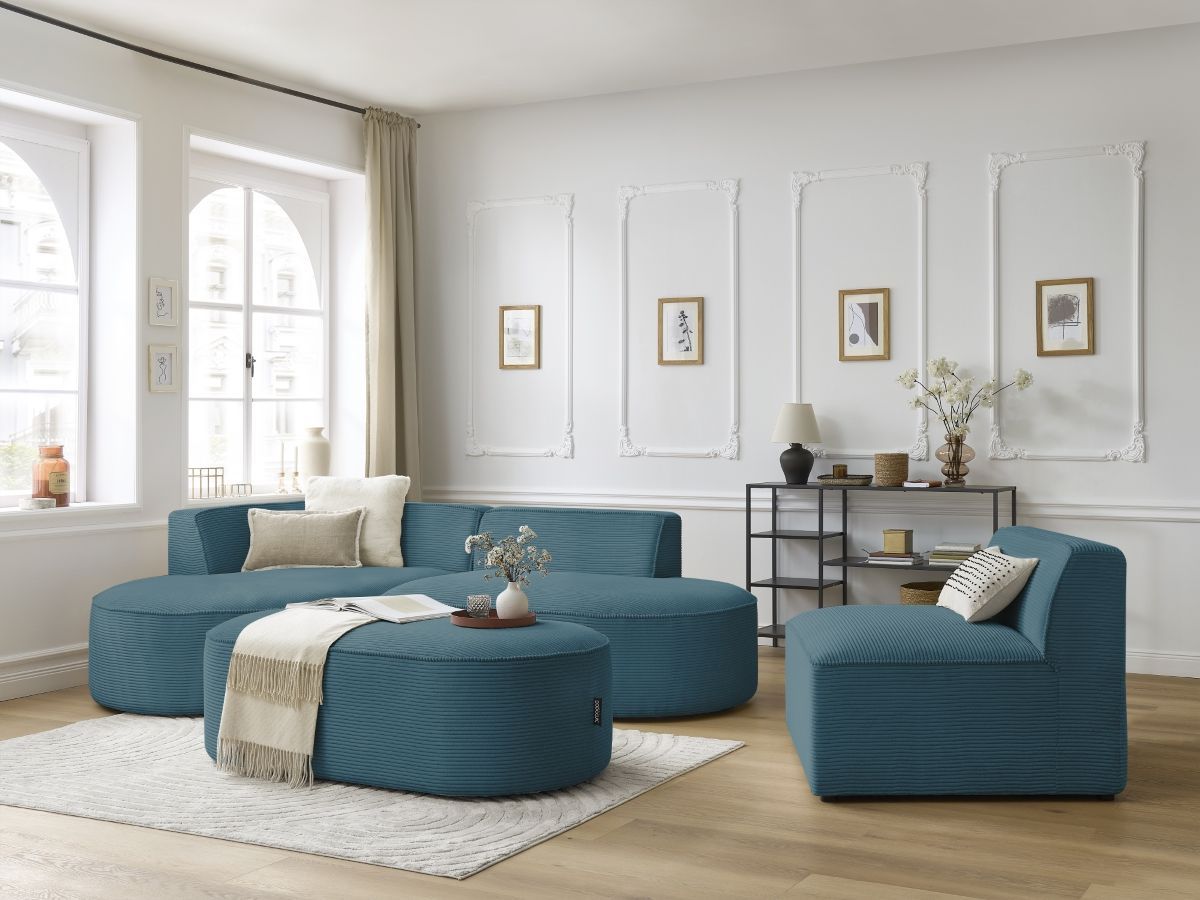Vaste hoekbank ROUSSEAU in ribfluweel met 1 chaise longue en 1 poef