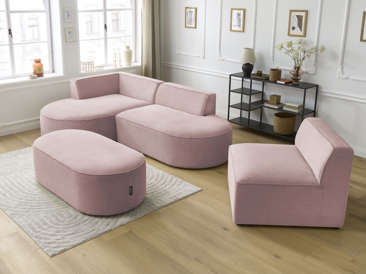 Vaste hoekbank ROUSSEAU in ribfluweel met 1 chaise longue en 1 poef