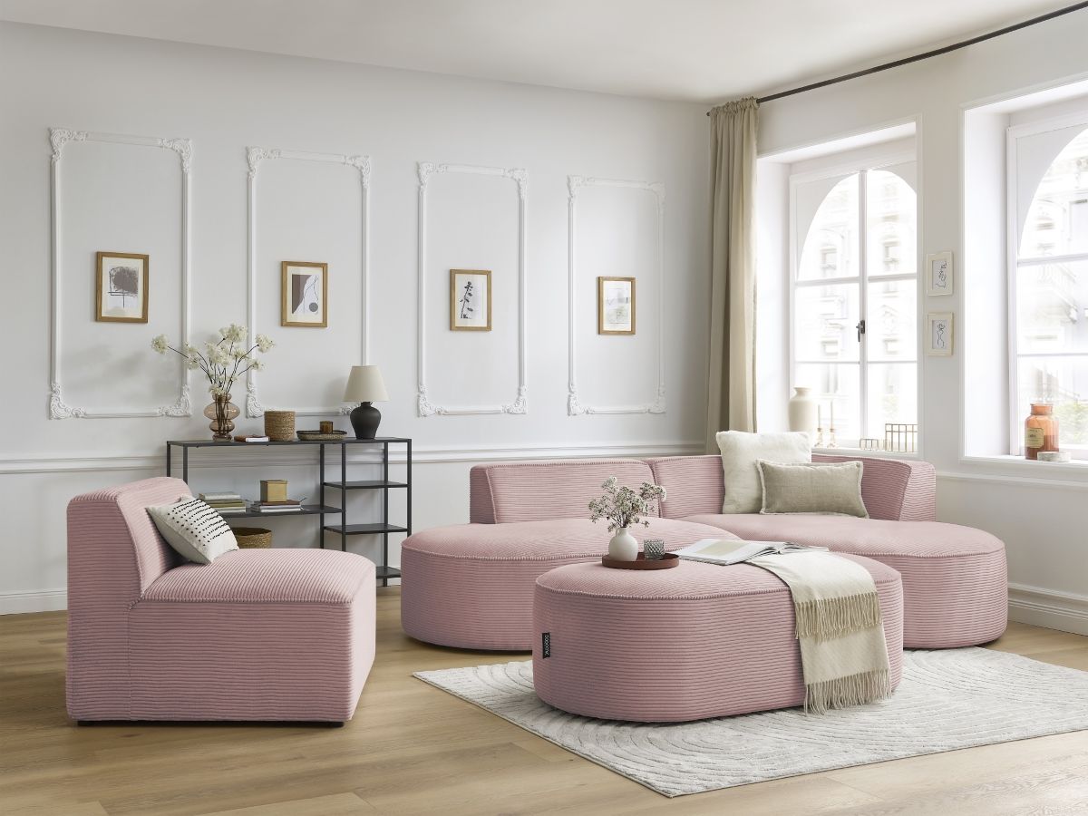 Vaste hoekbank ROUSSEAU in ribfluweel met 1 chaise longue en 1 poef