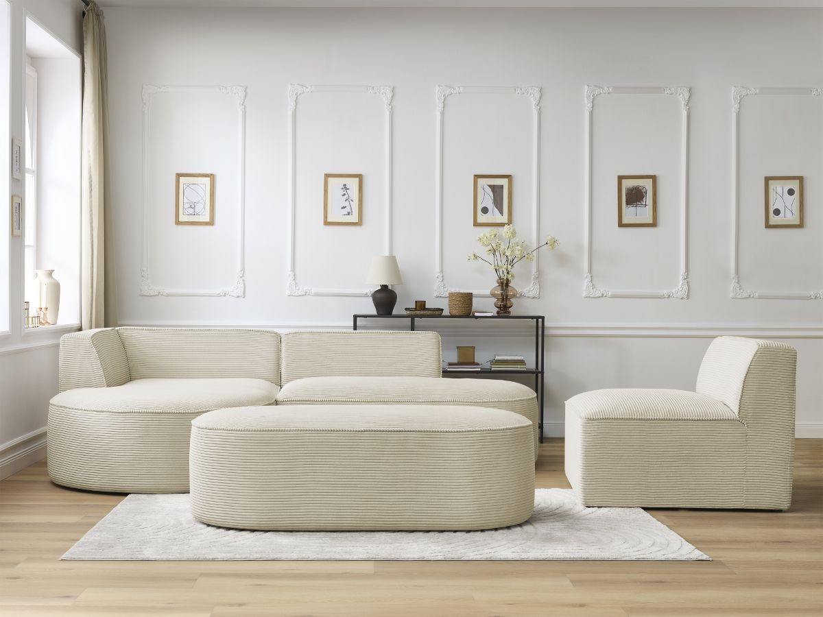 Vaste hoekbank ROUSSEAU in ribfluweel met 1 chaise longue en 1 poef