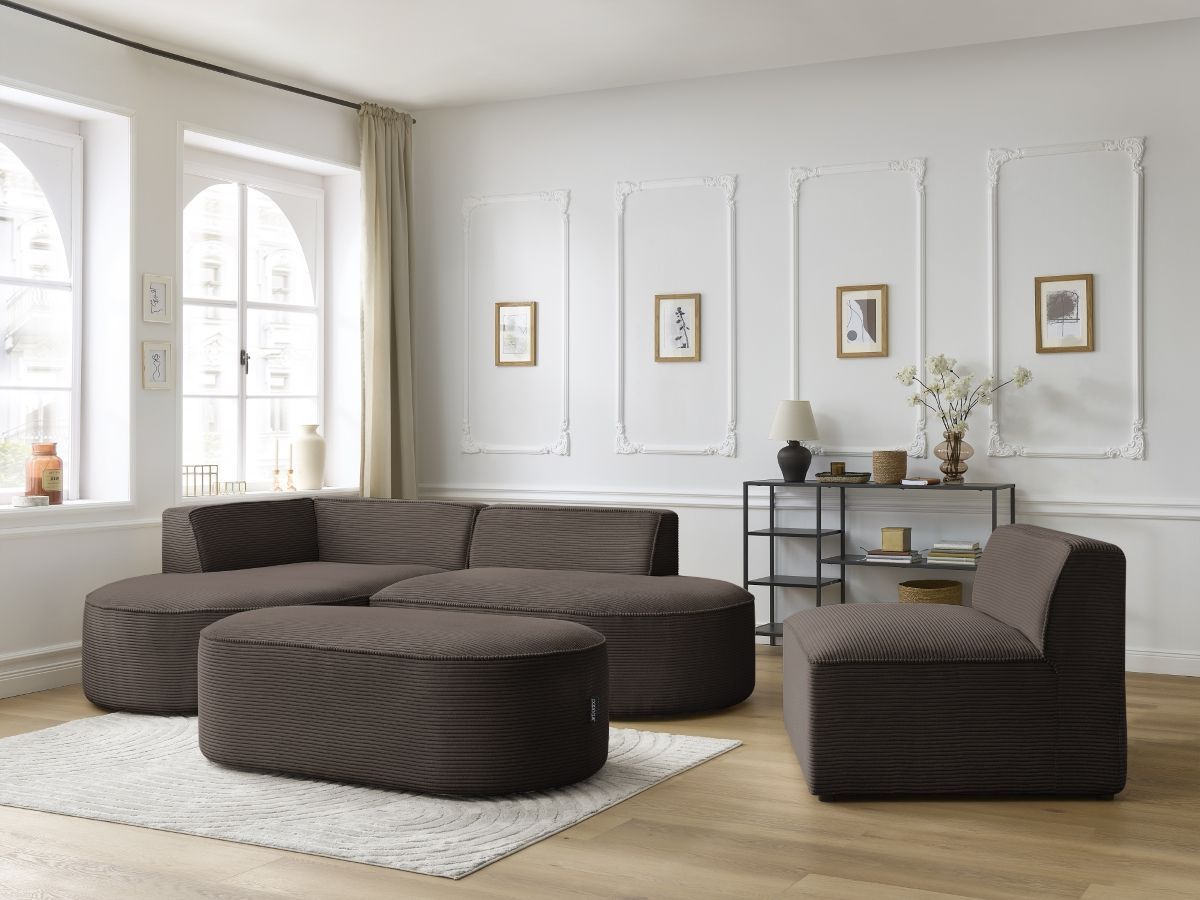 Vaste hoekbank ROUSSEAU in ribfluweel met 1 chaise longue en 1 poef