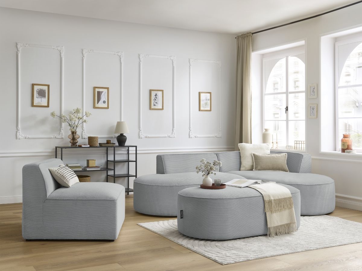 Vaste hoekbank ROUSSEAU in ribfluweel met 1 chaise longue en 1 poef