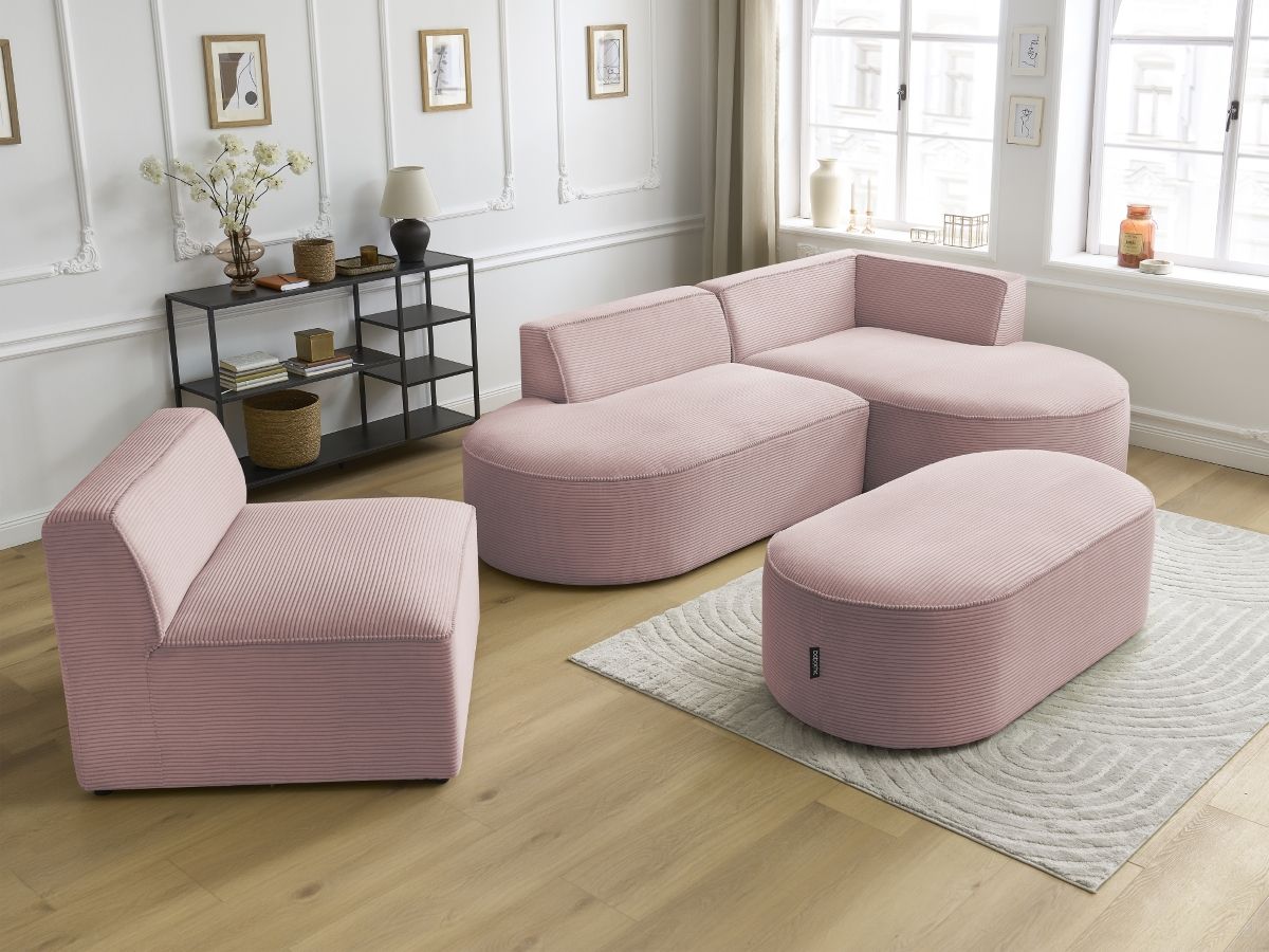 Vaste hoekbank ROUSSEAU in ribfluweel met 1 chaise longue en 1 poef