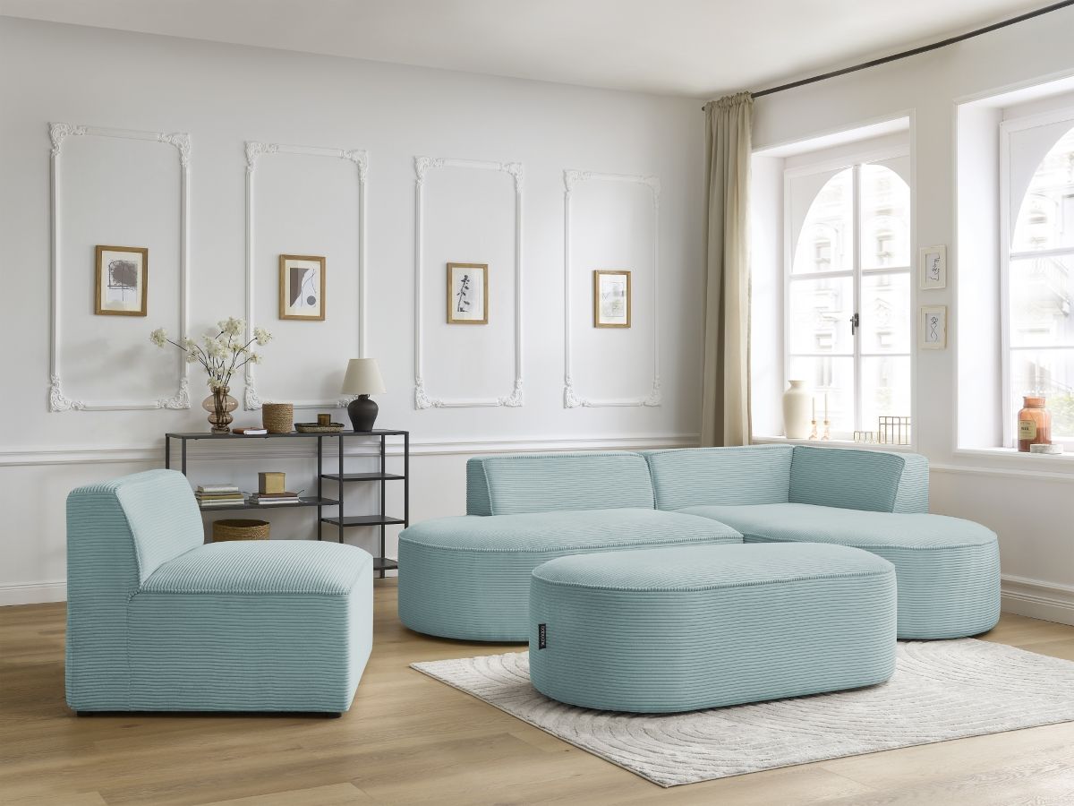 Vaste hoekbank ROUSSEAU in ribfluweel met 1 chaise longue en 1 poef