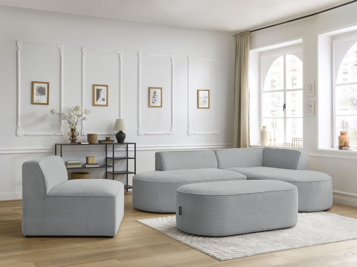 Vaste hoekbank ROUSSEAU in ribfluweel met 1 chaise longue en 1 poef