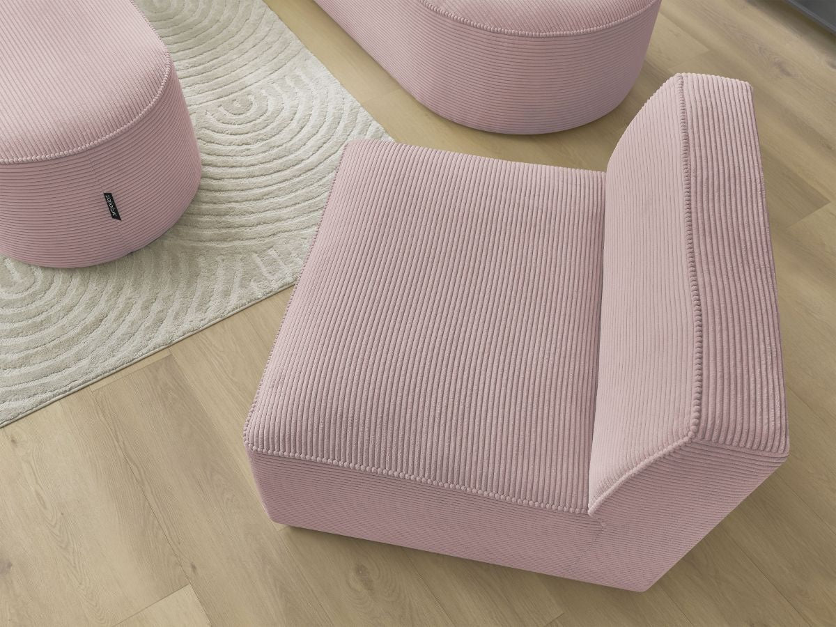 Vaste hoekbank ROUSSEAU in ribfluweel met 1 chaise longue en 1 poef