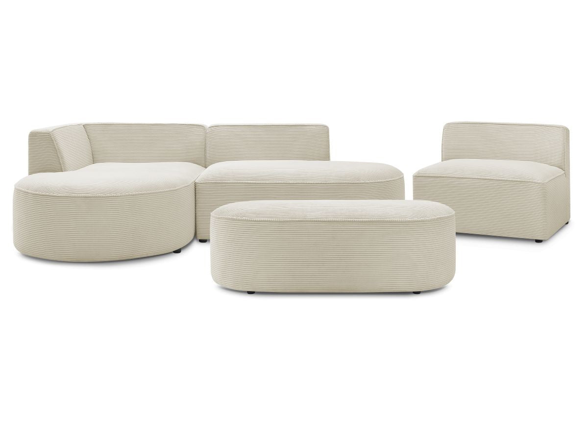 Vaste hoekbank ROUSSEAU in ribfluweel met 1 chaise longue en 1 poef