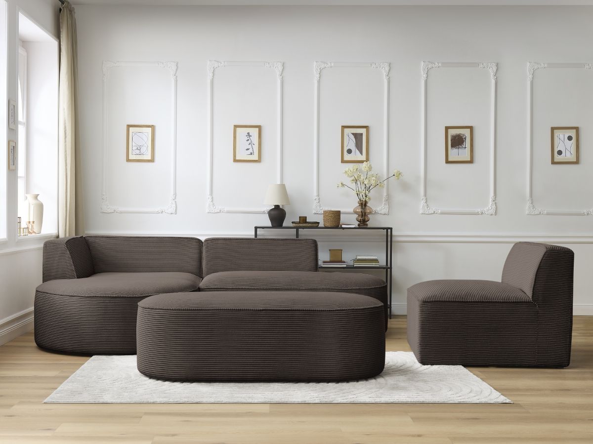 Vaste hoekbank ROUSSEAU in ribfluweel met 1 chaise longue en 1 poef