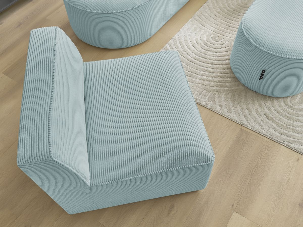 Vaste hoekbank ROUSSEAU in ribfluweel met 1 chaise longue en 1 poef