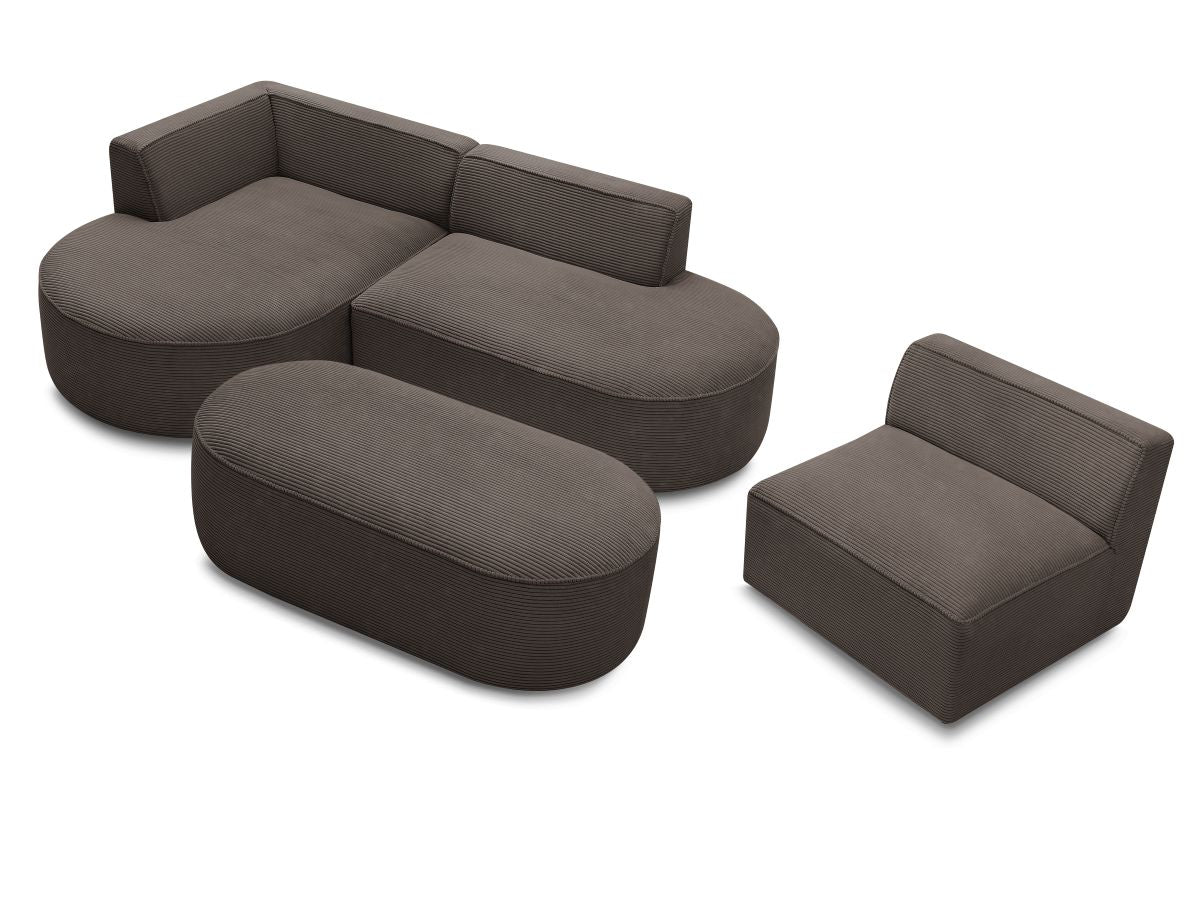 Vaste hoekbank ROUSSEAU in ribfluweel met 1 chaise longue en 1 poef