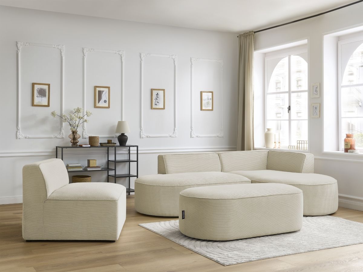 Vaste hoekbank ROUSSEAU in ribfluweel met 1 chaise longue en 1 poef