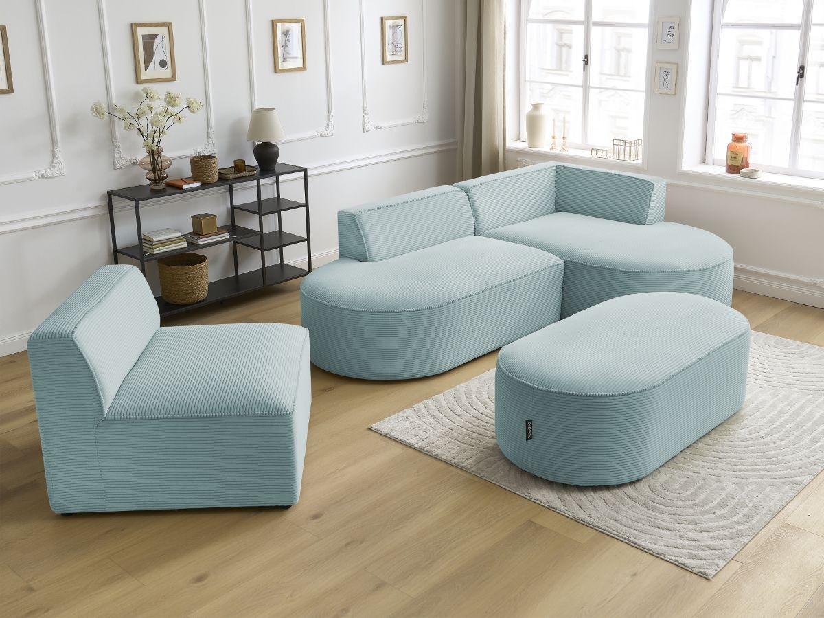 Vaste hoekbank ROUSSEAU in ribfluweel met 1 chaise longue en 1 poef