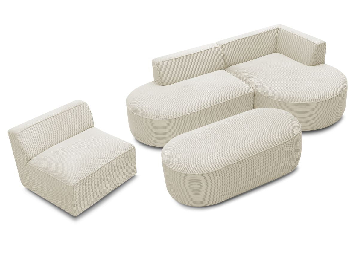 Vaste hoekbank ROUSSEAU in ribfluweel met 1 chaise longue en 1 poef