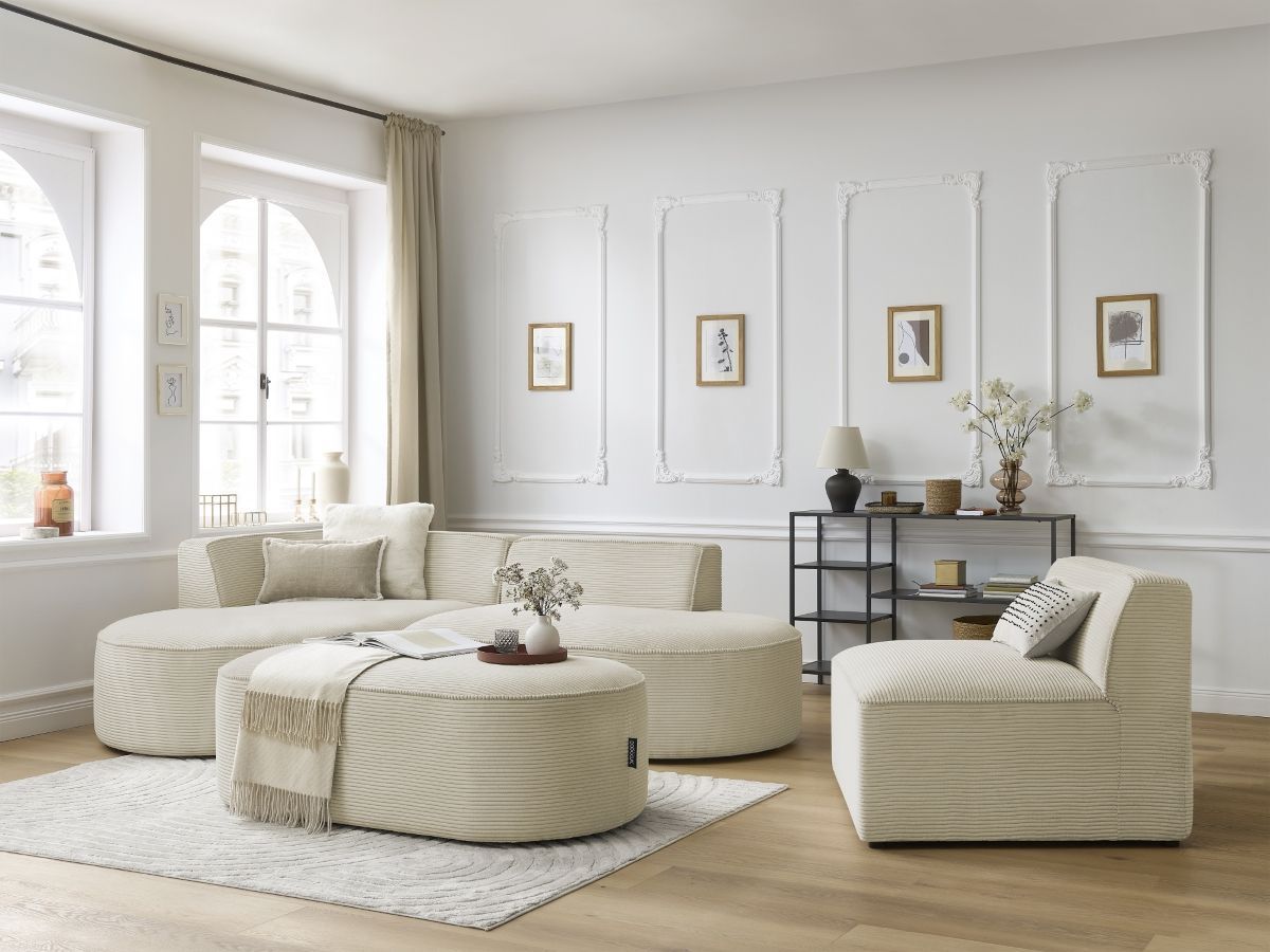 Vaste hoekbank ROUSSEAU in ribfluweel met 1 chaise longue en 1 poef