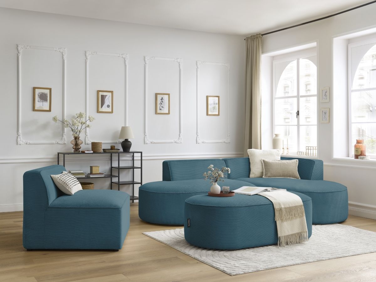 Vaste hoekbank ROUSSEAU in ribfluweel met 1 chaise longue en 1 poef