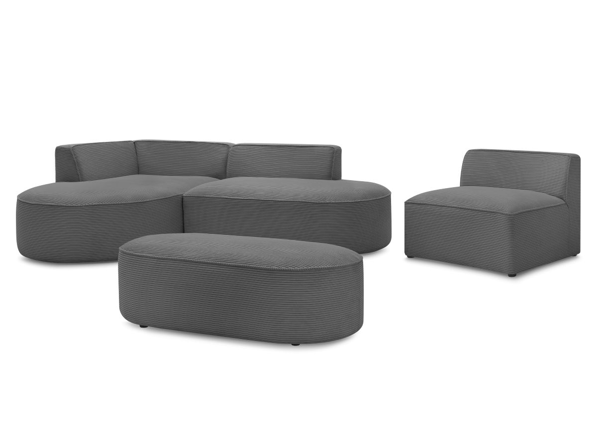 Vaste hoekbank ROUSSEAU in ribfluweel met 1 chaise longue en 1 poef