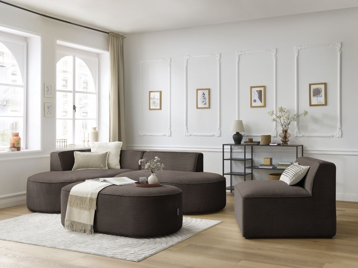 Vaste hoekbank ROUSSEAU in ribfluweel met 1 chaise longue en 1 poef