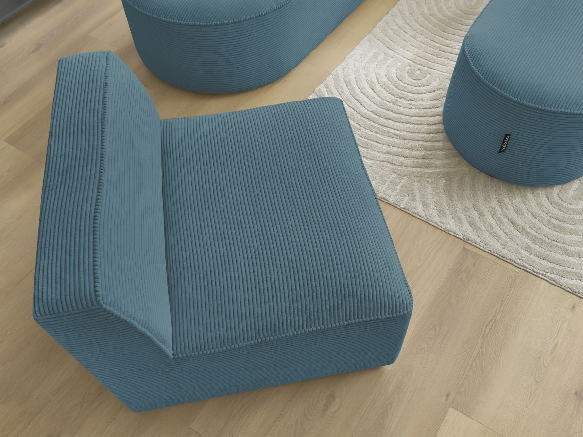 Vaste hoekbank ROUSSEAU in ribfluweel met 1 chaise longue en 1 poef