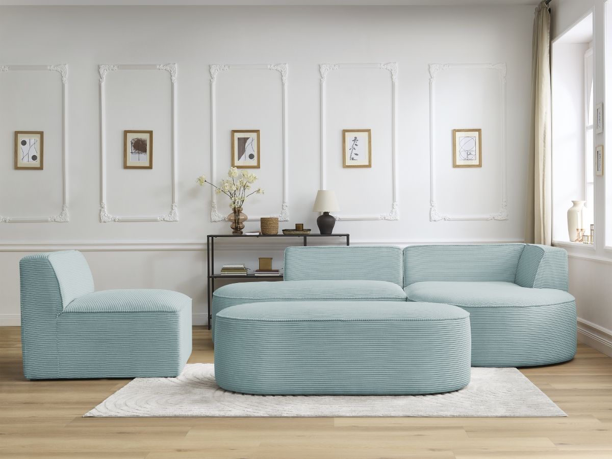 Vaste hoekbank ROUSSEAU in ribfluweel met 1 chaise longue en 1 poef