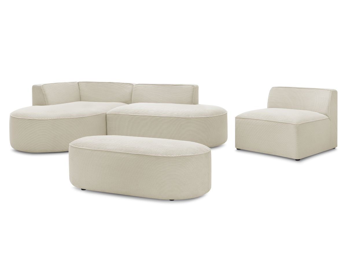 Vaste hoekbank ROUSSEAU in ribfluweel met 1 chaise longue en 1 poef
