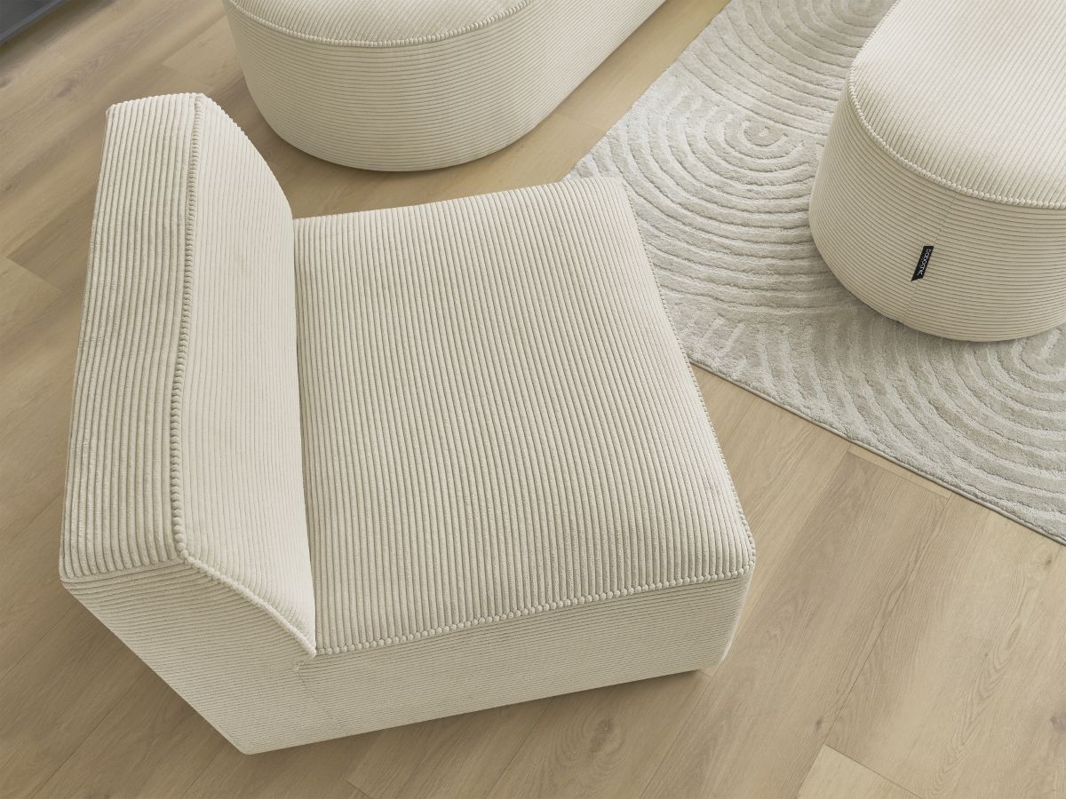 Vaste hoekbank ROUSSEAU in ribfluweel met 1 chaise longue en 1 poef