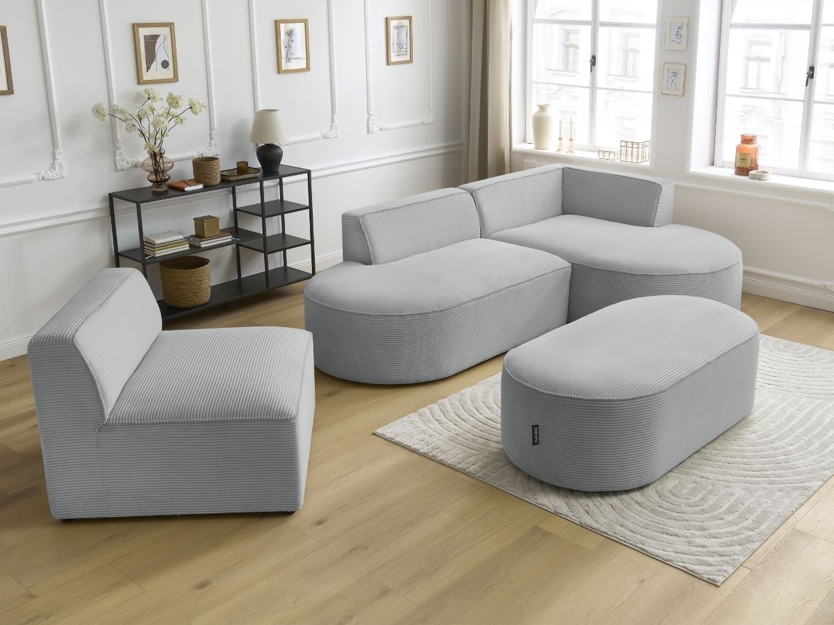 Vaste hoekbank ROUSSEAU in ribfluweel met 1 chaise longue en 1 poef
