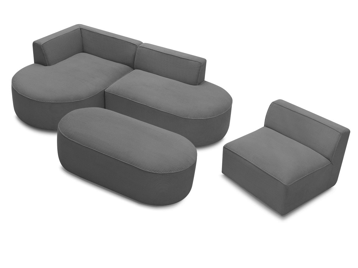 Vaste hoekbank ROUSSEAU in ribfluweel met 1 chaise longue en 1 poef