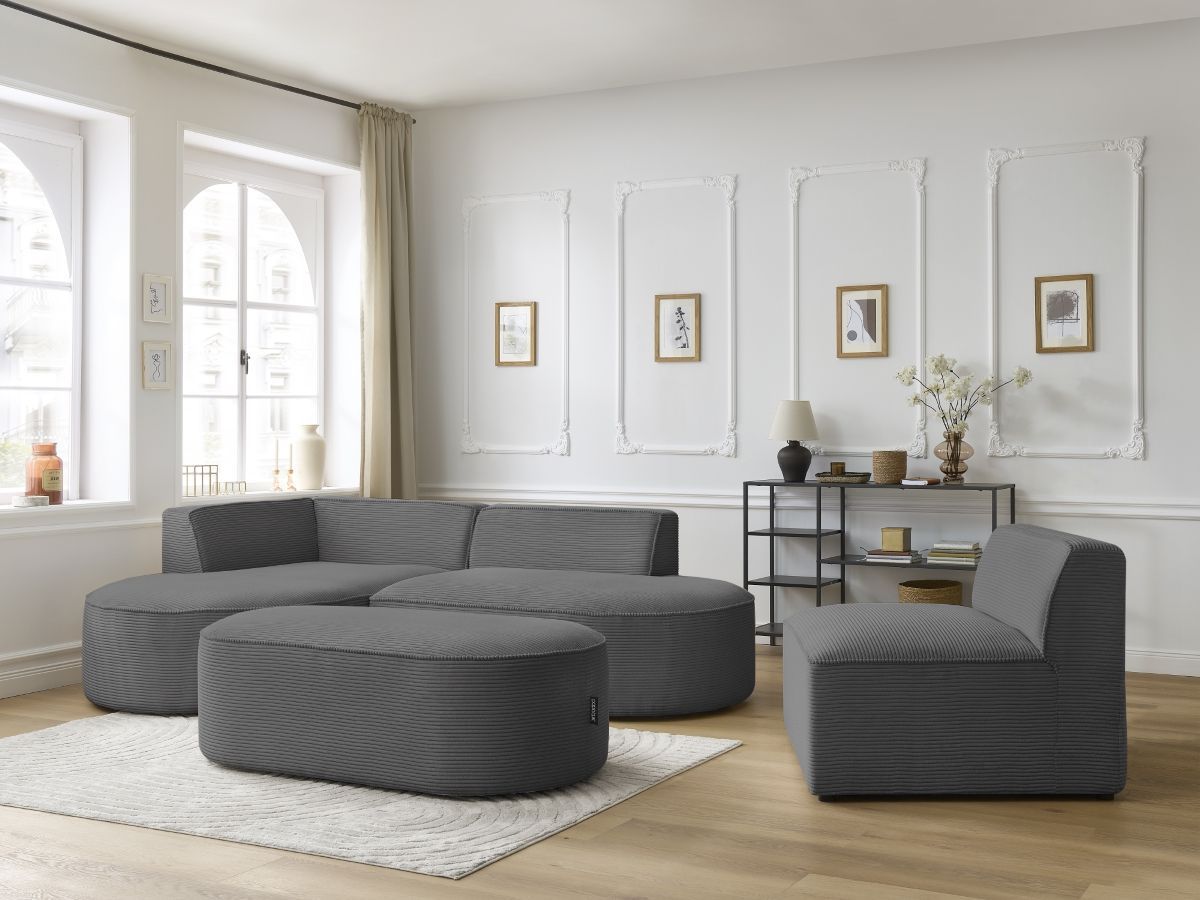 Vaste hoekbank ROUSSEAU in ribfluweel met 1 chaise longue en 1 poef