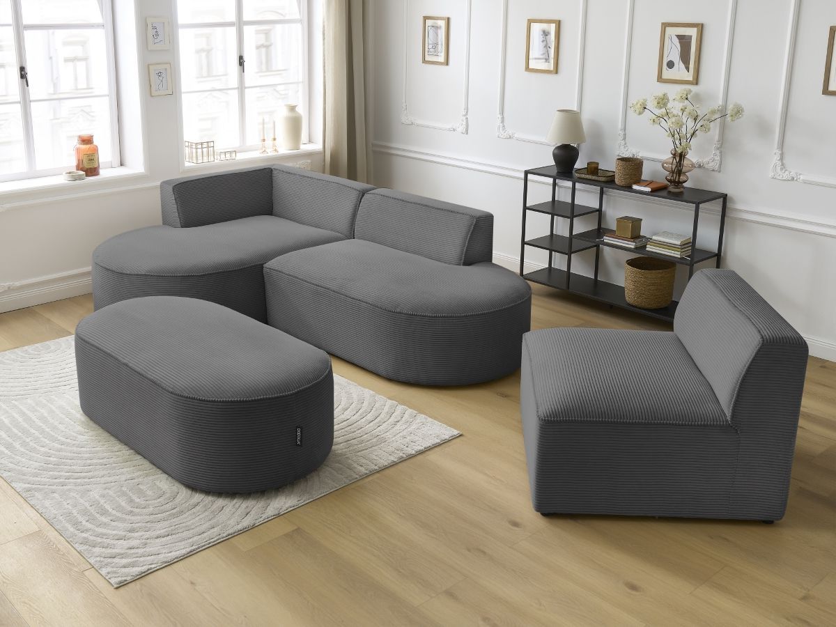 Vaste hoekbank ROUSSEAU in ribfluweel met 1 chaise longue en 1 poef