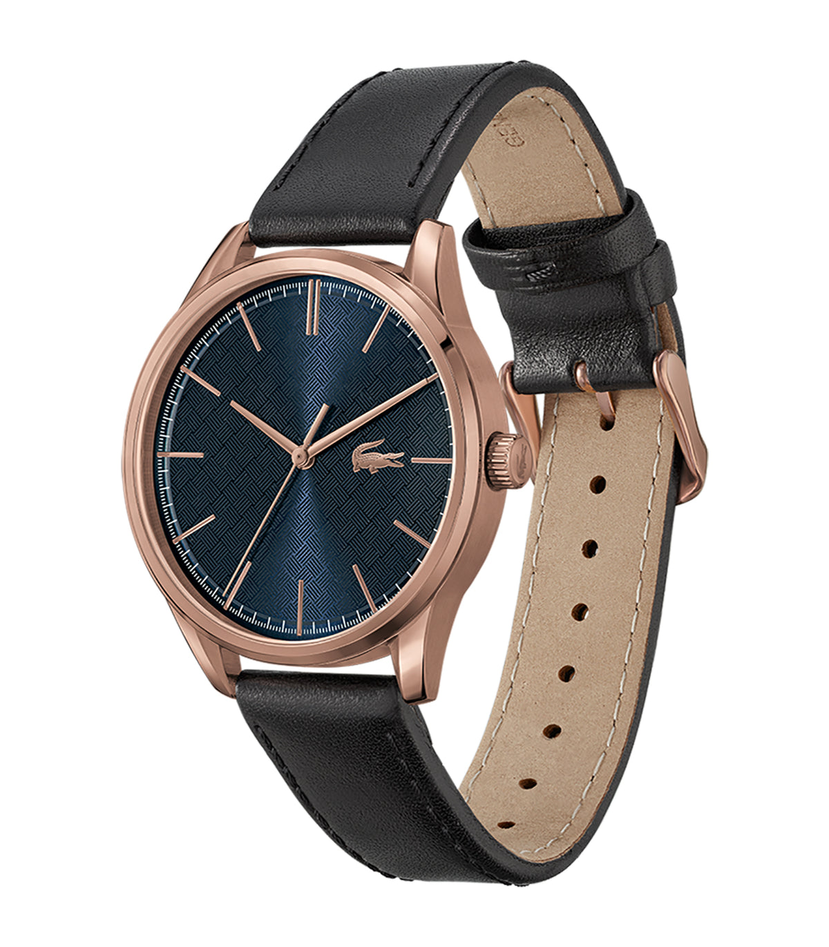 Lacoste - Classic Elegance - Man - Zwarte Armband - Blauwe Wijzerplaat - Rosé Gouden Kast