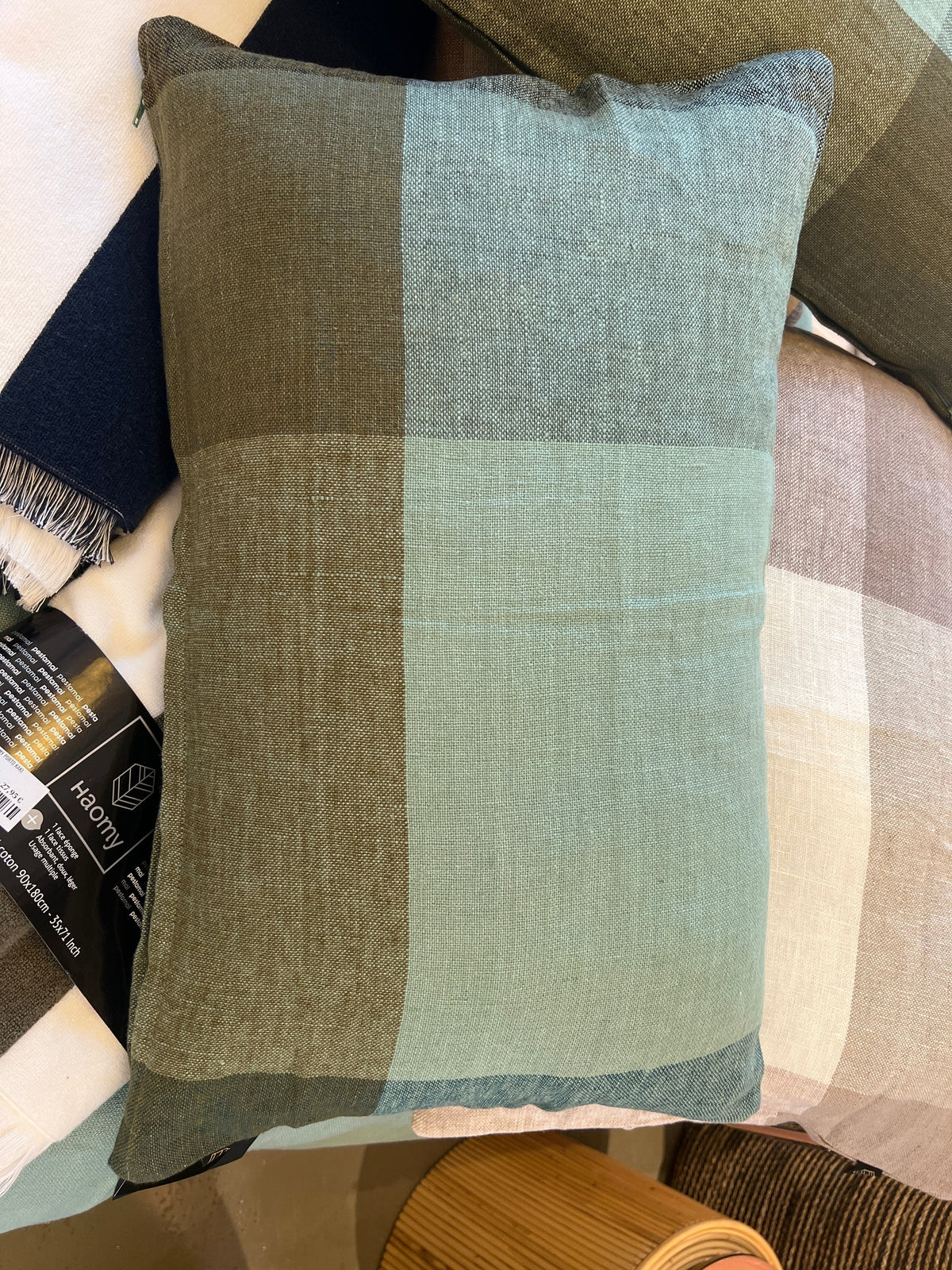 Kussensloop - Saporo En Lin Lavé À Grands Carreaux - Celadon