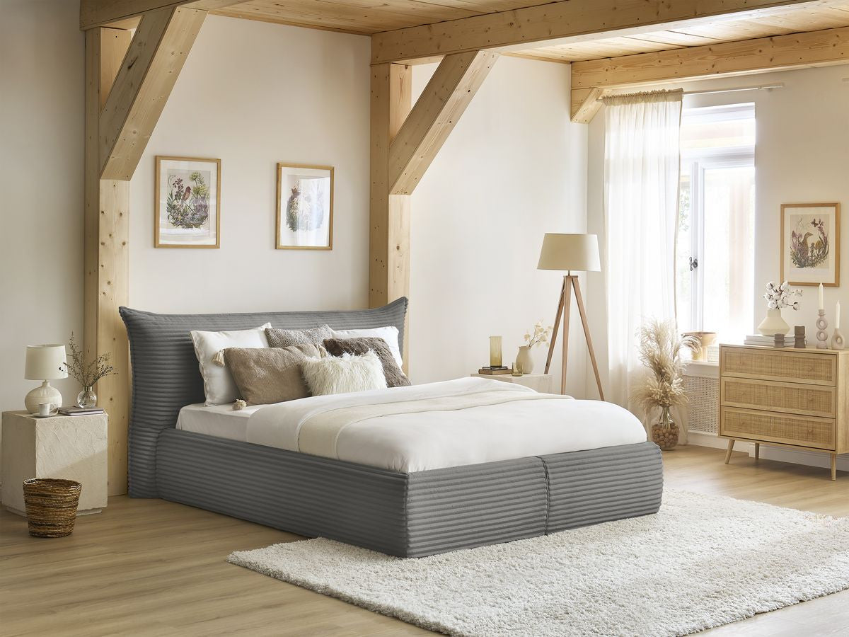 Lit coffre JADE avec tête de lit effet oreiller gros côtelé doux
