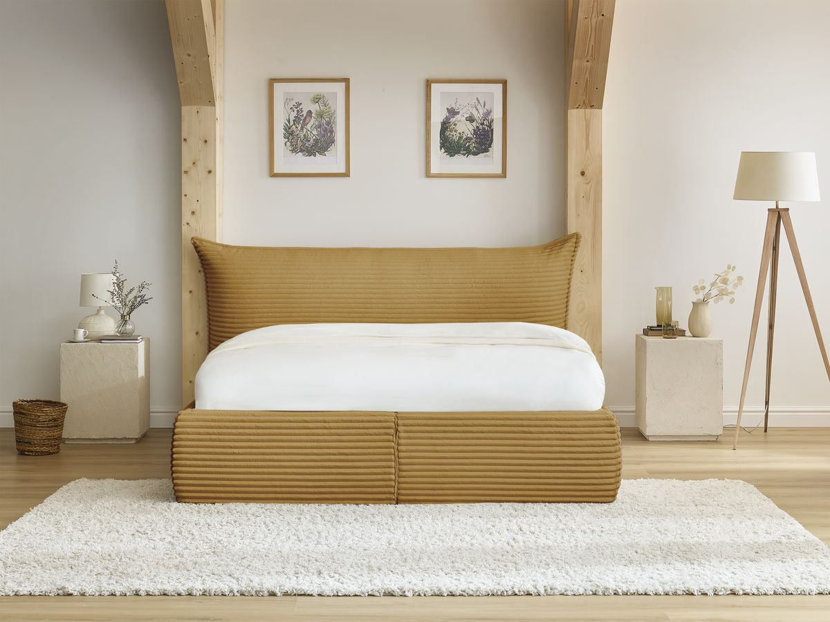Lit coffre JADE avec tête de lit effet oreiller gros côtelé doux