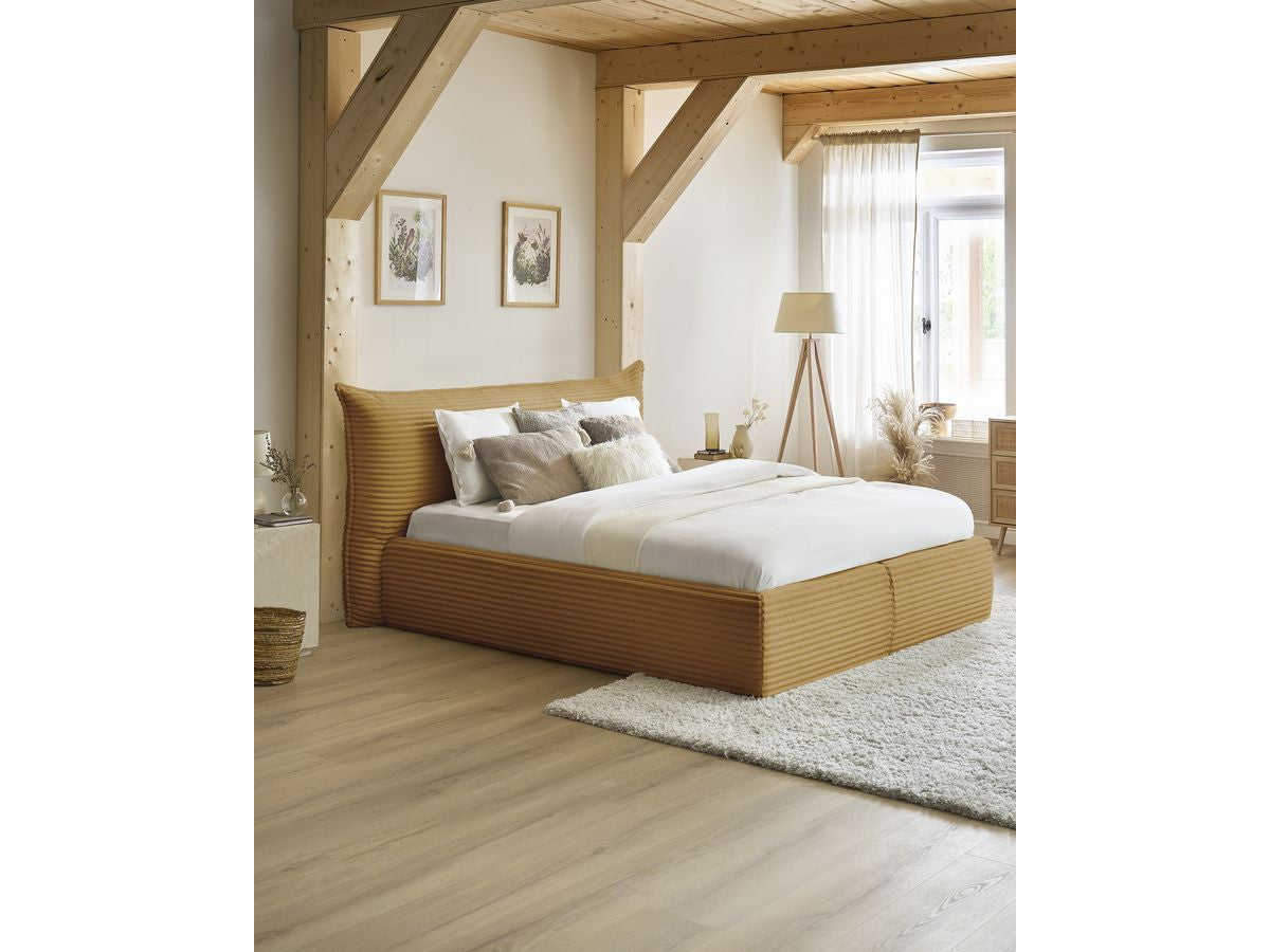 Lit coffre JADE avec tête de lit effet oreiller gros côtelé doux
