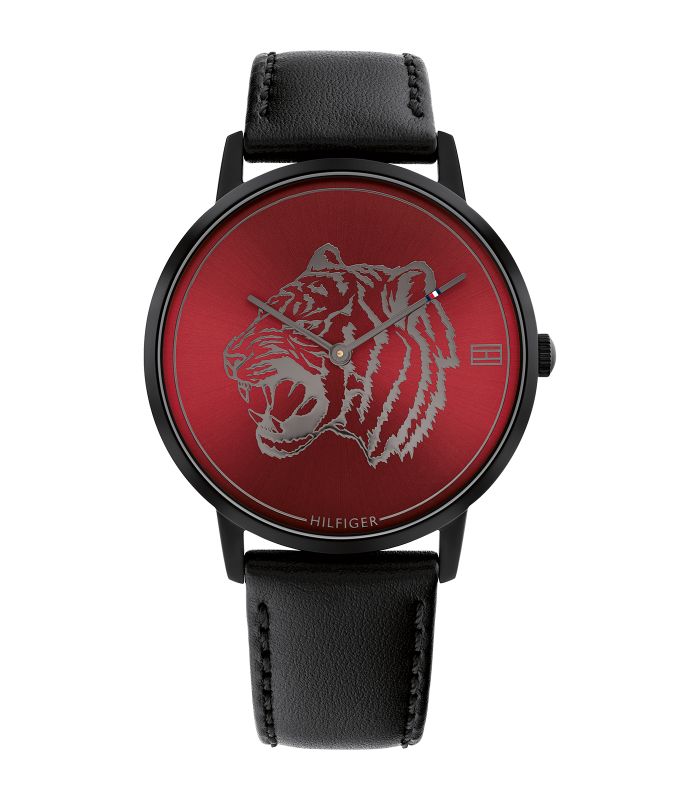 Tommy Hilfiger - Casual - Heren - Zwarte Lederen Band - Zwarte Pvd Kast - Rode Wijzerplaat Met Tijger