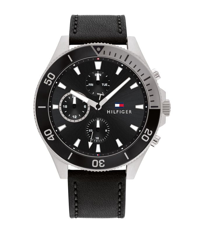 Tommy Hilfiger - Casual - Heren - Zwart Leer Multi-armband - Stalen Kast - Zwarte Wijzerplaat