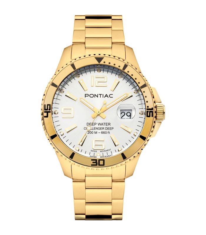 Pontiac - Deep Water - Man - Geelgouden Armband - Witte Wijzerplaat - Geelgouden Kast